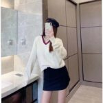 Gucci GG Women Cotton Knit V-Neck Sweater Web Ivory Interlocking G Patch Long Sleeves - Image 10