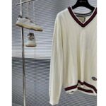 Gucci GG Men Cotton Knit V-Neck Sweater Web Ivory Interlocking G Patch Long Sleeves - immagine 4