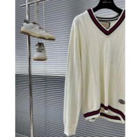 Gucci GG Men Cotton Knit V-Neck Sweater Web Ivory Interlocking G Patch Long Sleeves (1)