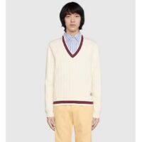 Gucci GG Men Cotton Knit V-Neck Sweater Web Ivory Interlocking G Patch Long Sleeves (1)