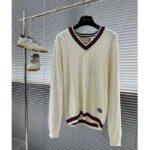 Gucci GG Men Cotton Knit V-Neck Sweater Web Ivory Interlocking G Patch Long Sleeves - immagine 2