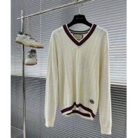 Gucci GG Men Cotton Knit V-Neck Sweater Web Ivory Interlocking G Patch Long Sleeves (1)