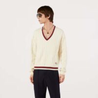 Gucci GG Men Cotton Knit V-Neck Sweater Web Ivory Interlocking G Patch Long Sleeves (1)