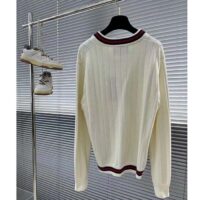 Gucci GG Men Cotton Knit V-Neck Sweater Web Ivory Interlocking G Patch Long Sleeves (1)