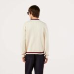 Gucci GG Men Cotton Knit V-Neck Sweater Web Ivory Interlocking G Patch Long Sleeves - immagine 14