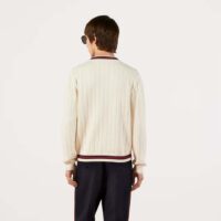 Gucci GG Men Cotton Knit V-Neck Sweater Web Ivory Interlocking G Patch Long Sleeves (1)