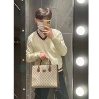 Gucci GG Men Cotton Knit V-Neck Sweater Web Ivory Interlocking G Patch Long Sleeves (1)