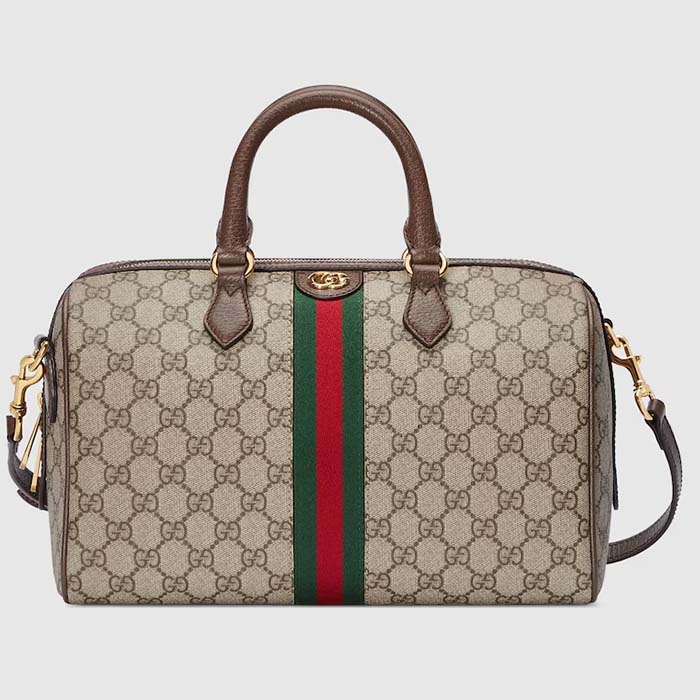 Gucci GG Unisex Ophidia GG Medium Top Handle Bag Beige Ebony GG Supreme Canvas Leather
