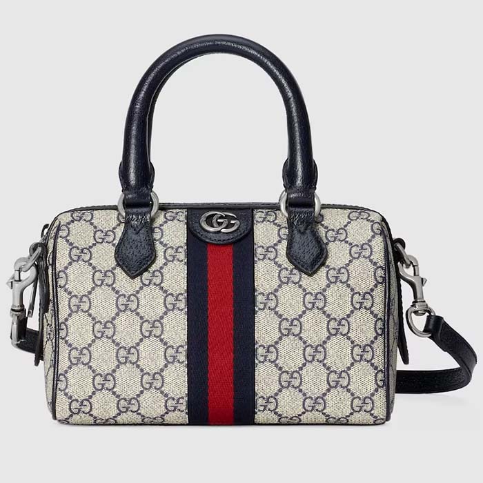 Gucci GG Unisex Ophidia GG Mini Top Handle Bag Beige Blue GG Supreme Canvas Leather