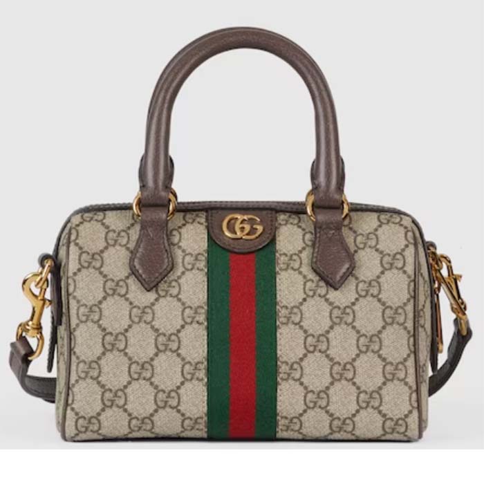 Gucci GG Unisex Ophidia GG Mini Top Handle Bag Beige Ebony GG Supreme Canvas Brown Leather