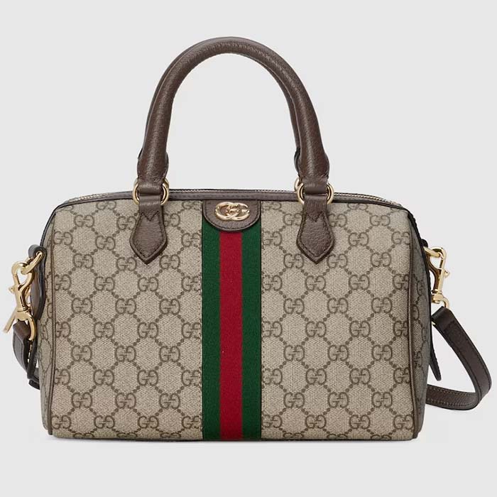 Gucci GG Unisex Ophidia GG Small Top Handle Bag Beige Ebony GG Supreme Canvas Brown Leather