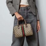 Gucci GG Unisex Ophidia GG Small Top Handle Bag Beige Ebony GG Supreme Canvas Brown Leather - Imagen 12