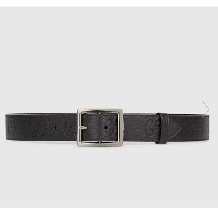 Gucci GG Unisex Rubber-Effect Leather Belt Black Square Buckle 3.3 CM Width