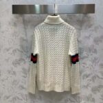 Gucci GG Men Cable Knit Wool Cashmere Sweater Ivory Blue Red Web Turtleneck Long Sleeves - Image 3