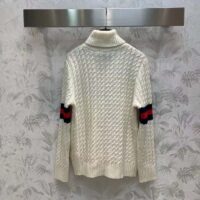 Gucci GG Women Cable Knit Wool Cashmere Sweater Ivory Blue Red Web Turtleneck Long Sleeves (13)