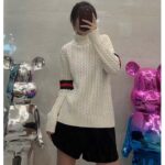Gucci GG Women Cable Knit Wool Cashmere Sweater Ivory Blue Red Web Turtleneck Long Sleeves - Image 13