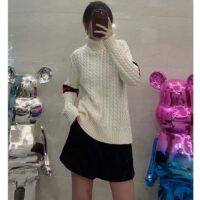 Gucci GG Women Cable Knit Wool Cashmere Sweater Ivory Blue Red Web Turtleneck Long Sleeves (13)