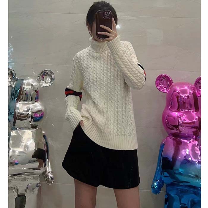 Gucci GG Women Cable Knit Wool Cashmere Sweater Ivory Blue Red Web Turtleneck Long Sleeves