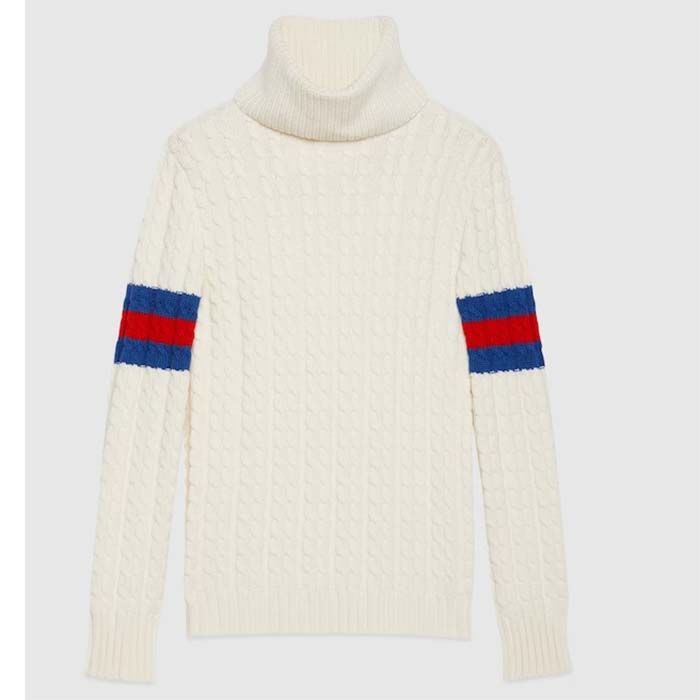 Gucci GG Women Cable Knit Wool Cashmere Sweater Ivory Blue Red Web Turtleneck Long Sleeves