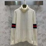Gucci GG Men Cable Knit Wool Cashmere Sweater Ivory Blue Red Web Turtleneck Long Sleeves - Image 2