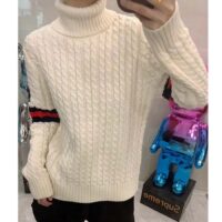 Gucci GG Women Cable Knit Wool Cashmere Sweater Ivory Blue Red Web Turtleneck Long Sleeves (13)