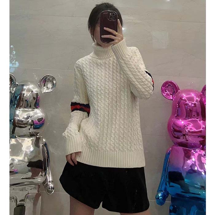 Gucci GG Women Cable Knit Wool Cashmere Sweater Ivory Blue Red Web Turtleneck Long Sleeves