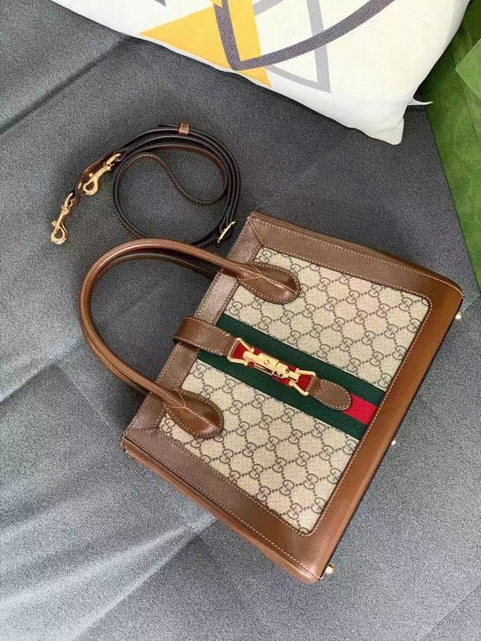 Gucci GG Women Jackie 1961 Medium Tote Bag Beige Ebony GG Supreme Canvas