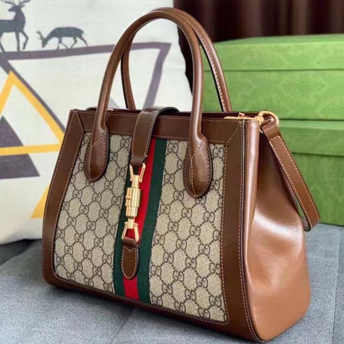 Gucci GG Women Jackie 1961 Medium Tote Bag Beige Ebony GG Supreme Canvas