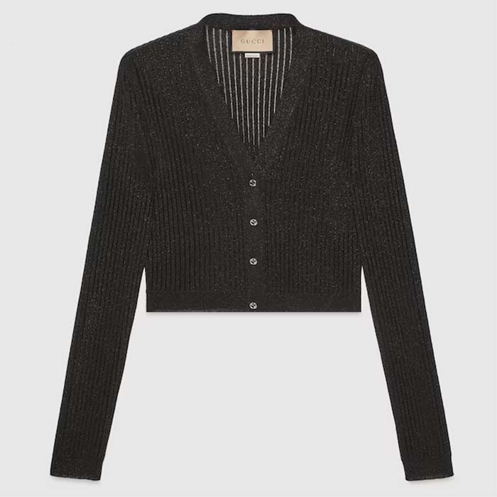 Gucci GG Women Rib Stitch Viscose Lamé Cardigan Interlocking G Buttons V-Neck Long Sleeves