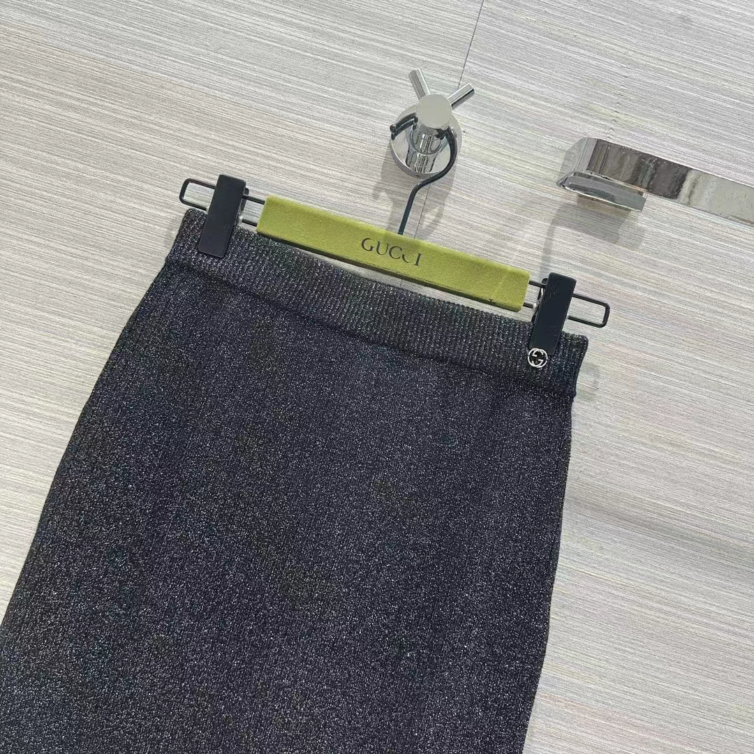 Gucci GG Women Rib Stitch Viscose Lamé Skirt Interlocking G Slip Lining Elastic Waist