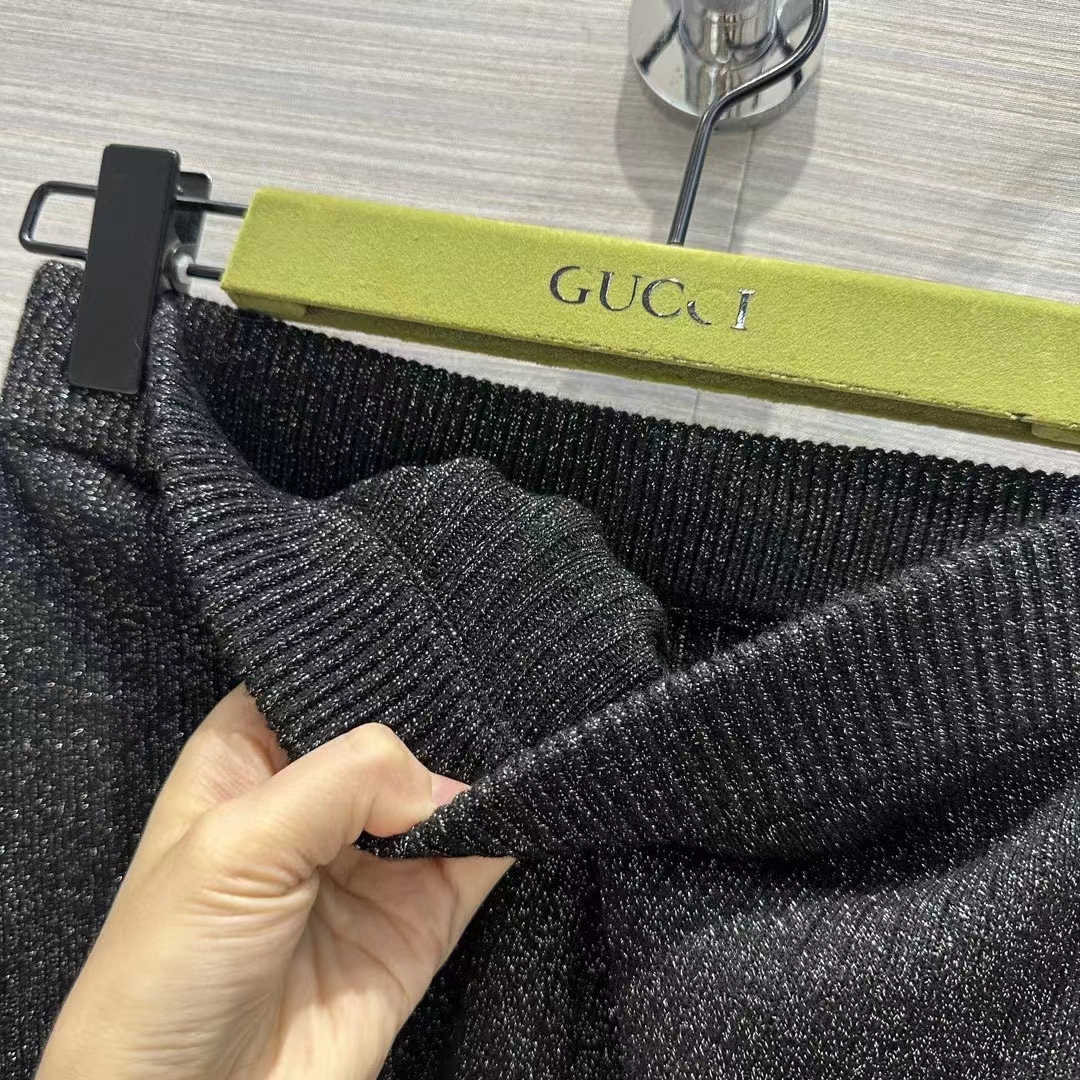 Gucci GG Women Rib Stitch Viscose Lamé Skirt Interlocking G Slip Lining Elastic Waist