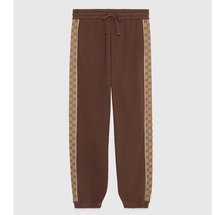 Gucci Men Cotton Jersey Sweatpants Brown Light GG Canvas Elastic Cuffs Relaxed Fit