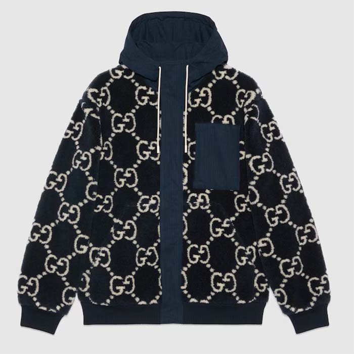 Gucci Men GG Fuzzy Fabric Jacquard Jacket Fixed Hood Drawstring Long Sleeves Front Patch Pocket