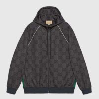 Gucci Men GG Jumbo GG Zip Jacket Web Dark Grey Neoprene Canvas Raglan Sleeves (7)