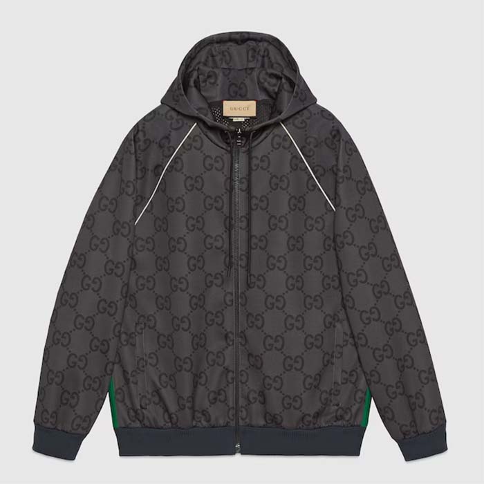 Gucci Men GG Jumbo GG Zip Jacket Web Dark Grey Neoprene Canvas Raglan Sleeves
