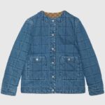 Gucci Men GG Reversible Denim Jacket Camel Ebony GG Canvas Reversible Collarless Dropped Shoulder
