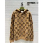 Gucci Women GG Wool Hooded Sweatshirt Camel Ebony Fixed Hood Kangaroo Pocket Rib - Image 4