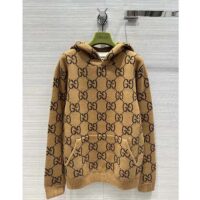 Gucci Men GG Wool Hooded Sweatshirt Camel Ebony Fixed Hood Kangaroo Pocket Rib (8)