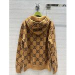 Gucci Women GG Wool Hooded Sweatshirt Camel Ebony Fixed Hood Kangaroo Pocket Rib - Image 3