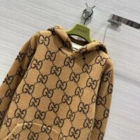 Gucci Men GG Wool Hooded Sweatshirt Camel Ebony Fixed Hood Kangaroo Pocket Rib (8)