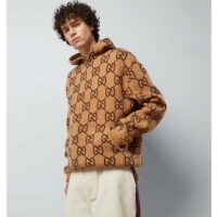Gucci Men GG Wool Hooded Sweatshirt Camel Ebony Fixed Hood Kangaroo Pocket Rib (8)