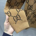 Gucci Men GG Wool Hooded Sweatshirt Camel Ebony Fixed Hood Kangaroo Pocket Rib