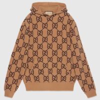 Gucci Men GG Wool Hooded Sweatshirt Camel Ebony Fixed Hood Kangaroo Pocket Rib (8)
