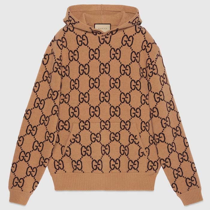 Gucci Men GG Wool Hooded Sweatshirt Camel Ebony Fixed Hood Kangaroo Pocket Rib