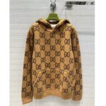 Gucci Women GG Wool Hooded Sweatshirt Camel Ebony Fixed Hood Kangaroo Pocket Rib - Image 2