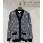 Gucci Men GG Wool Jacquard Cardigan Grey V-Neck Long Sleeves Front Pockets - Imagen 2