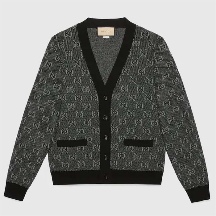 Gucci Men GG Wool Jacquard Cardigan Grey V-Neck Long Sleeves Front Pockets