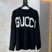 Gucci Men GG Wool Sweater Gucci Intarsia Black Ivory Knit Crewneck Long Sleeves (9)