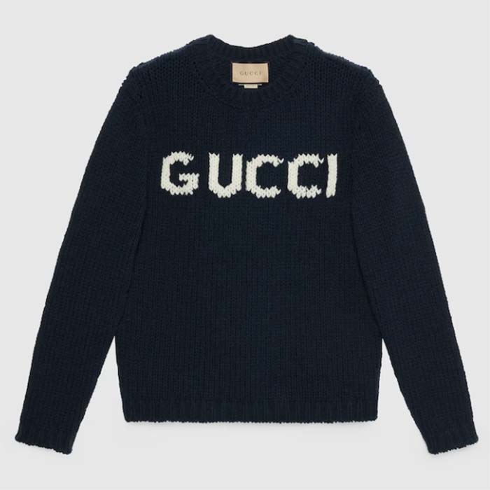 Gucci Men GG Wool Sweater Gucci Intarsia Black Ivory Knit Crewneck Long Sleeves