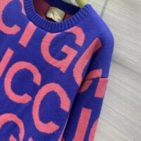 Gucci Men GG Wool Sweater Gucci Intarsia Blue Crewneck Dropped Shoulder (8)